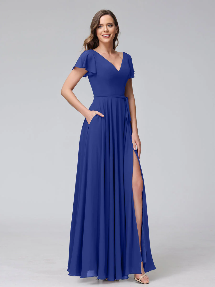 A-Line V-Neck Ruffles Short Sleeves Long Chiffon Dresses With Split Side & Pockets - Image 55