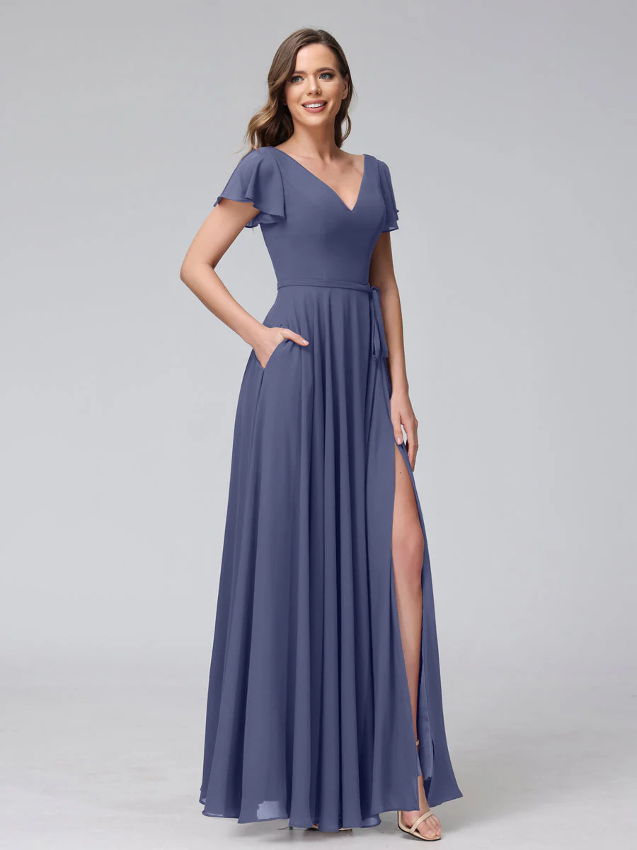 A-Line V-Neck Ruffles Short Sleeves Long Chiffon Dresses With Split Side & Pockets - Image 56