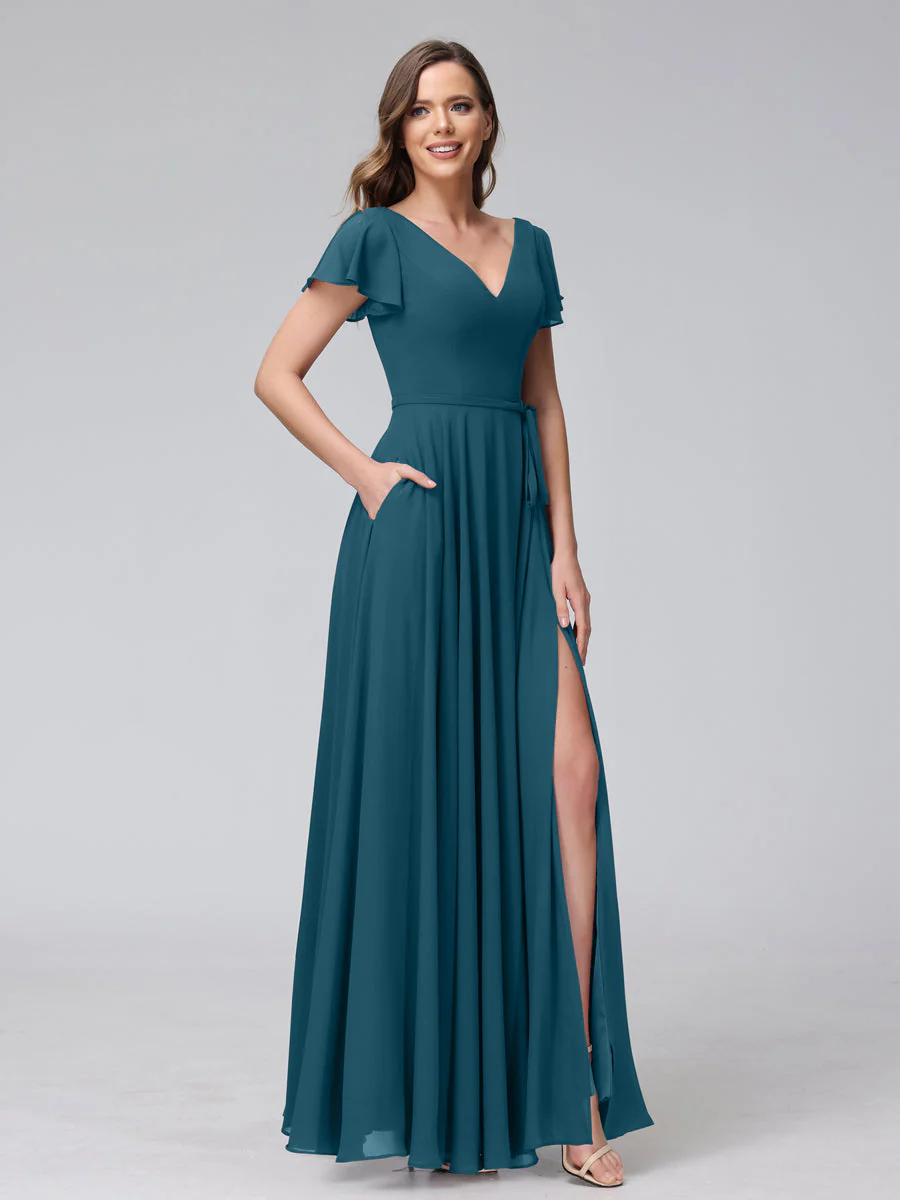 A-Line V-Neck Ruffles Short Sleeves Long Chiffon Dresses With Split Side & Pockets - Image 57