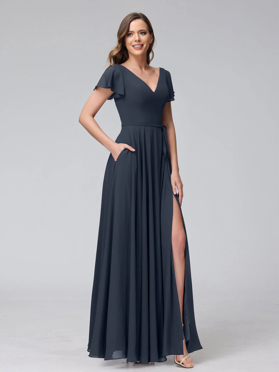 A-Line V-Neck Ruffles Short Sleeves Long Chiffon Dresses With Split Side & Pockets - Image 58