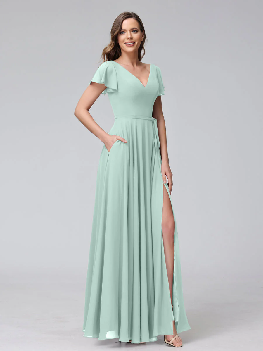 A-Line V-Neck Ruffles Short Sleeves Long Chiffon Dresses With Split Side & Pockets - Image 59