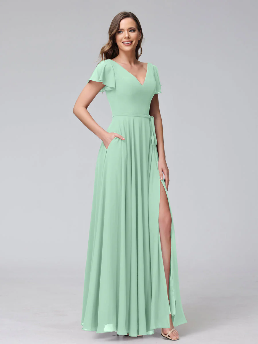 A-Line V-Neck Ruffles Short Sleeves Long Chiffon Dresses With Split Side & Pockets - Image 60