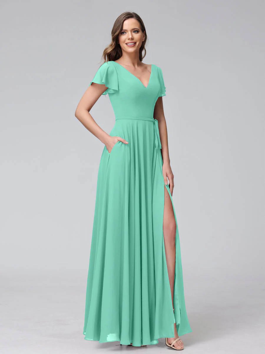 A-Line V-Neck Ruffles Short Sleeves Long Chiffon Dresses With Split Side & Pockets - Image 61