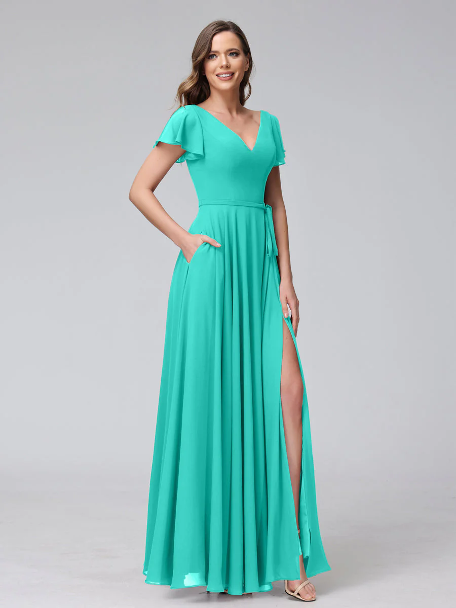 A-Line V-Neck Ruffles Short Sleeves Long Chiffon Dresses With Split Side & Pockets - Image 62
