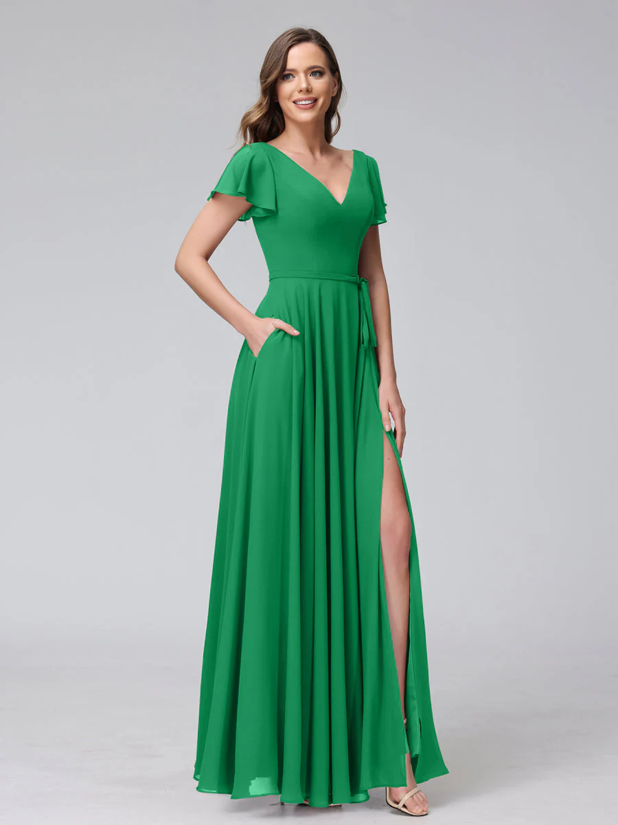 A-Line V-Neck Ruffles Short Sleeves Long Chiffon Dresses With Split Side & Pockets - Image 63