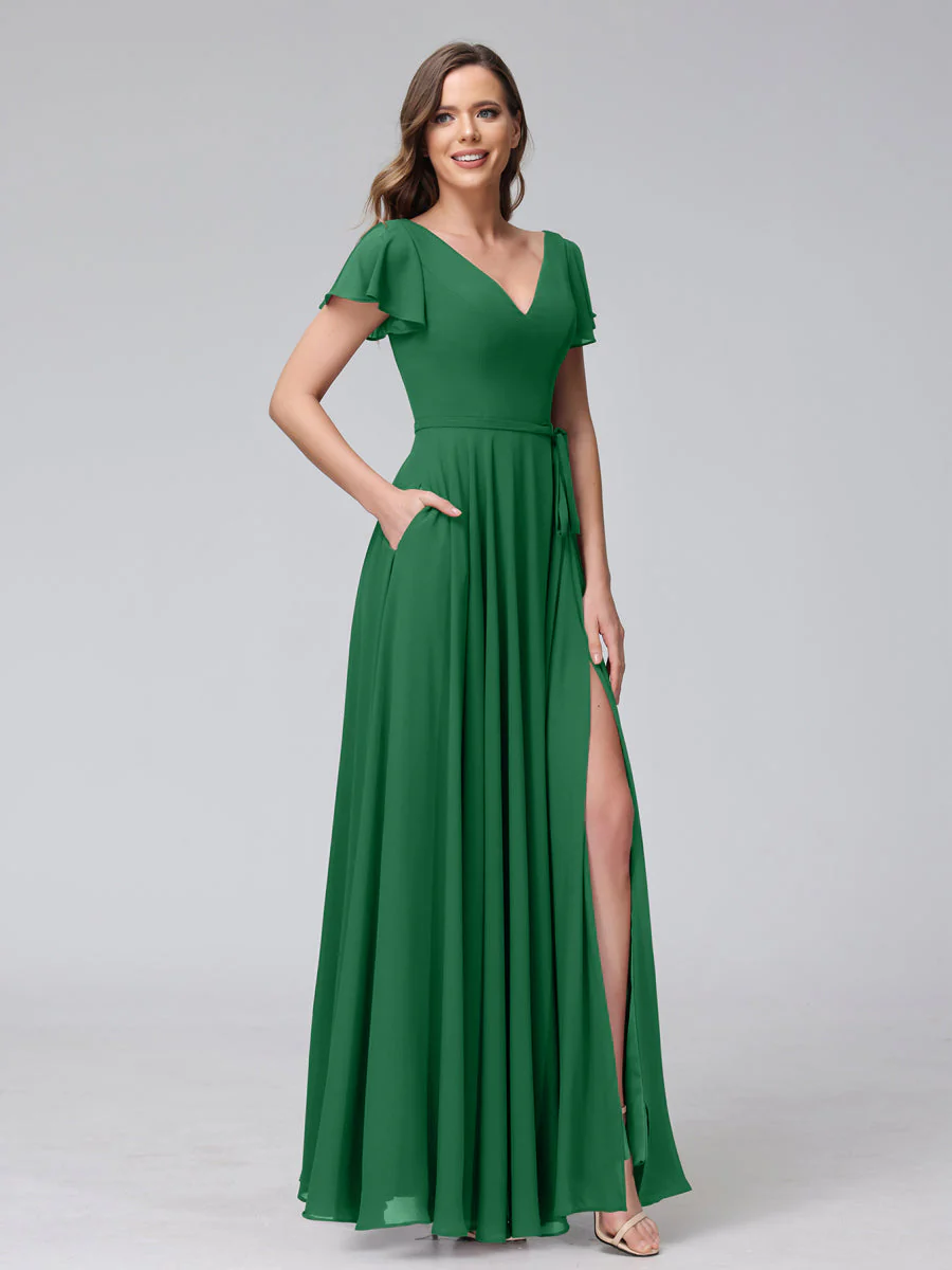 A-Line V-Neck Ruffles Short Sleeves Long Chiffon Dresses With Split Side & Pockets - Image 66