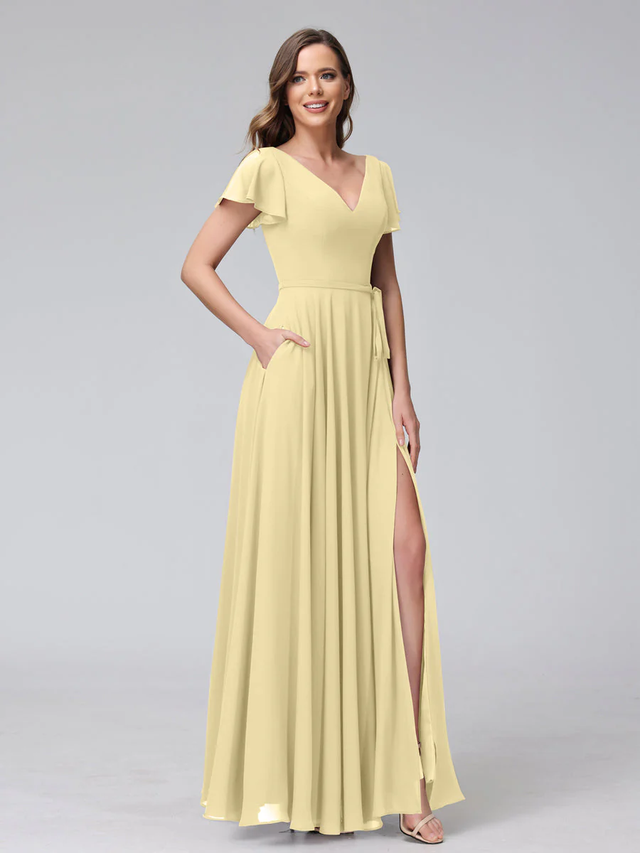 A-Line V-Neck Ruffles Short Sleeves Long Chiffon Dresses With Split Side & Pockets - Image 67