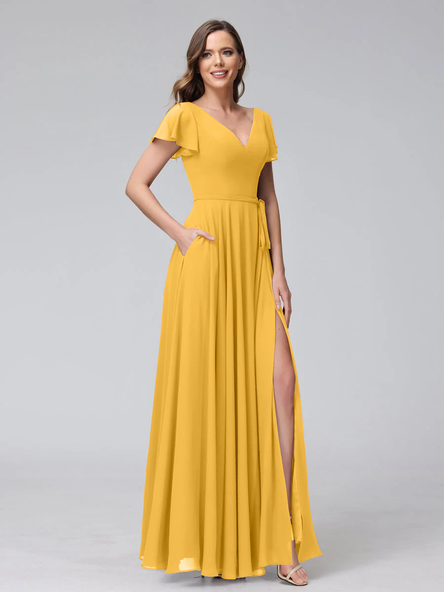 A-Line V-Neck Ruffles Short Sleeves Long Chiffon Dresses With Split Side & Pockets - Image 69