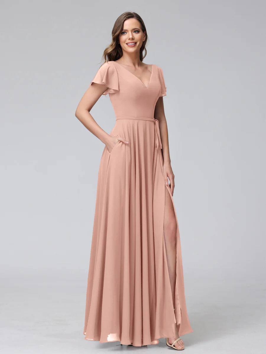 A-Line V-Neck Ruffles Short Sleeves Long Chiffon Dresses With Split Side & Pockets - Image 7