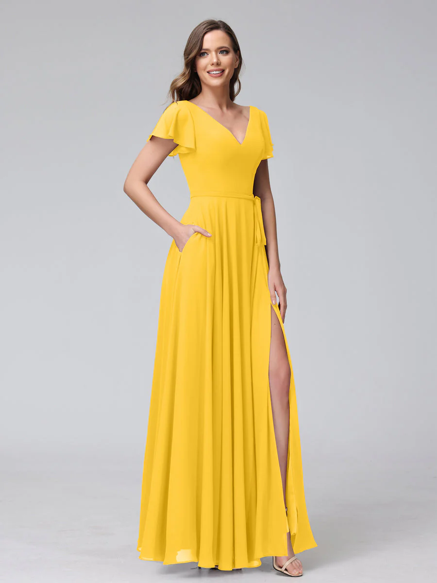 A-Line V-Neck Ruffles Short Sleeves Long Chiffon Dresses With Split Side & Pockets - Image 70