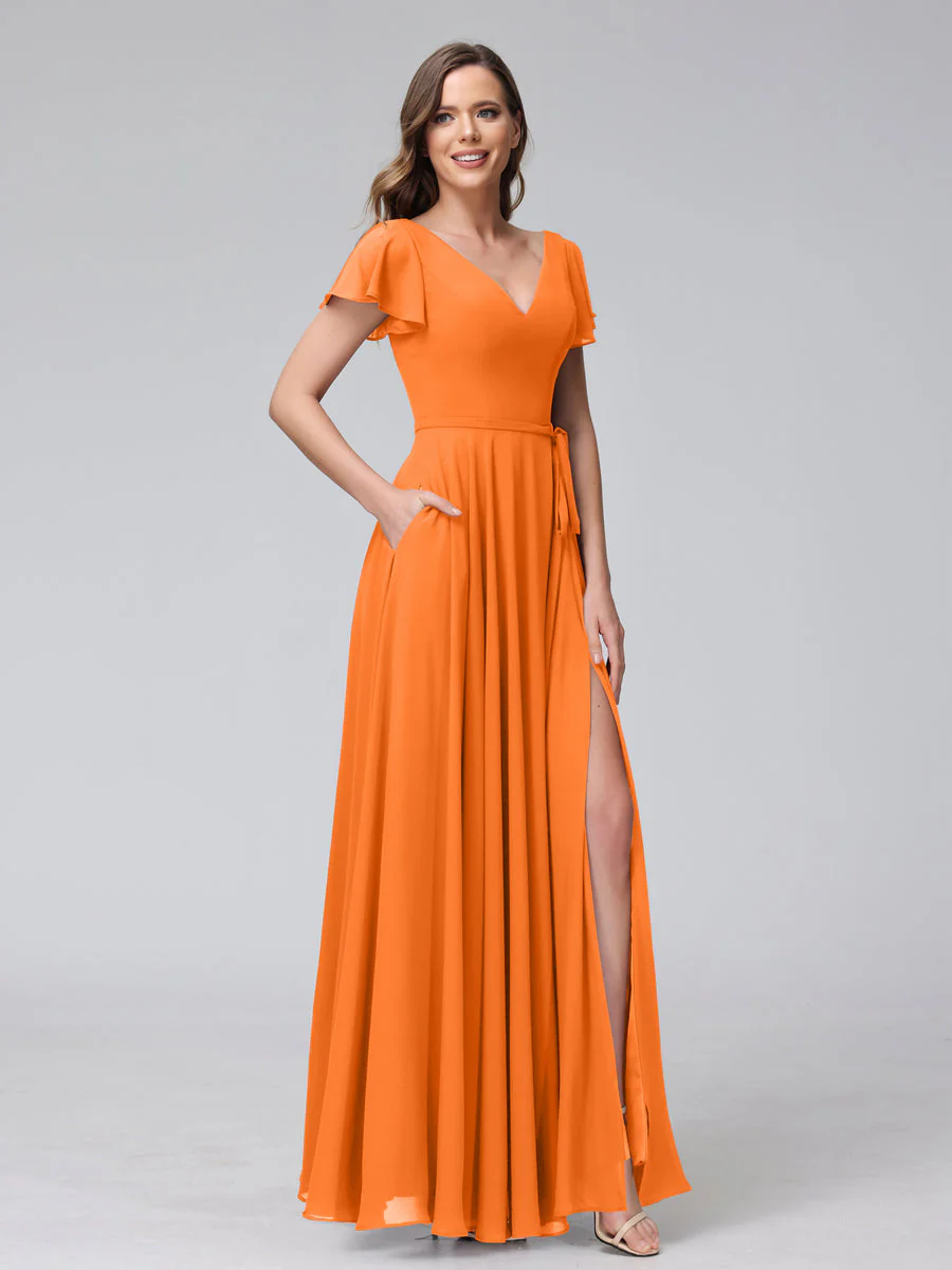 A-Line V-Neck Ruffles Short Sleeves Long Chiffon Dresses With Split Side & Pockets - Image 71
