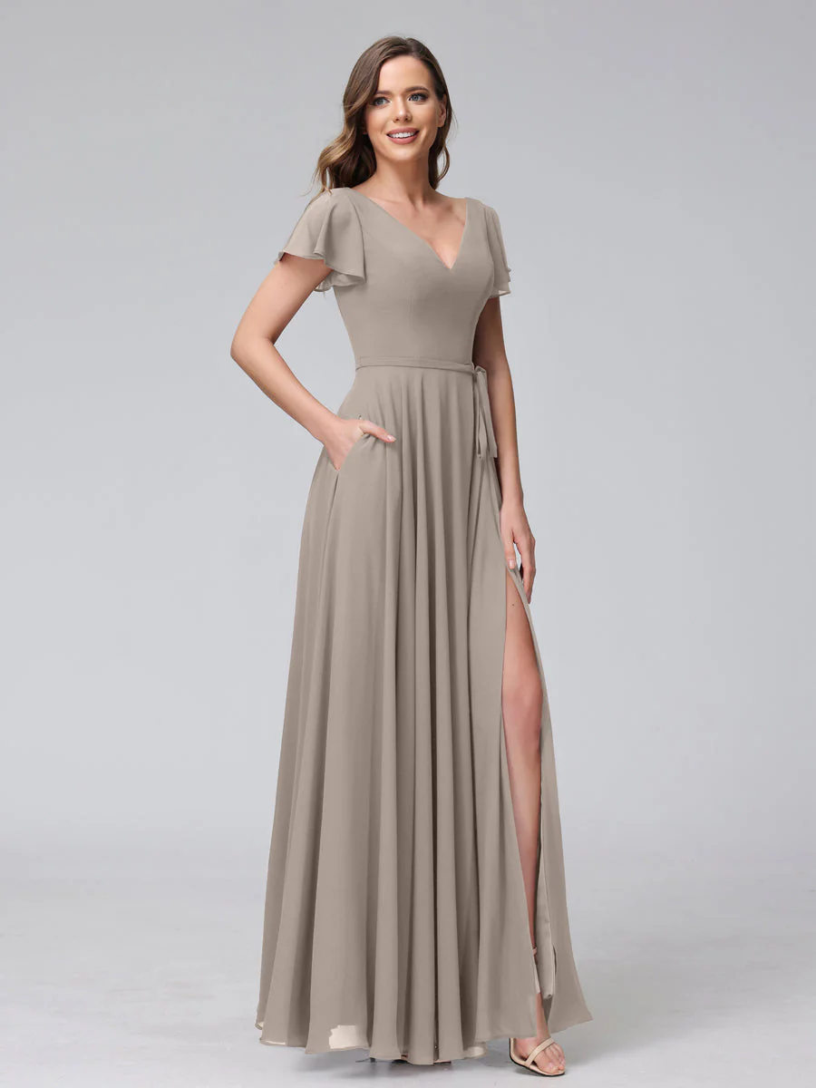 A-Line V-Neck Ruffles Short Sleeves Long Chiffon Dresses With Split Side & Pockets - Image 72