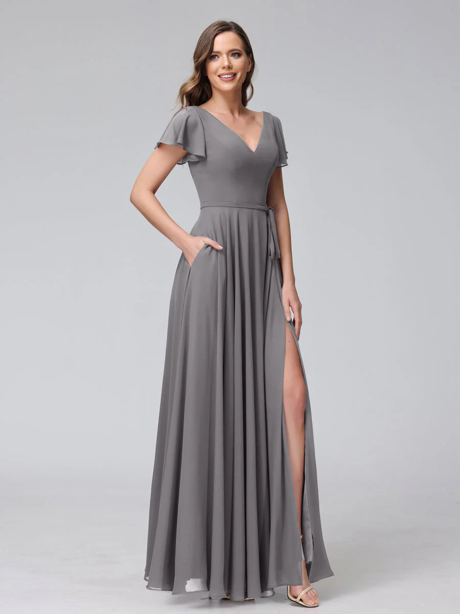 A-Line V-Neck Ruffles Short Sleeves Long Chiffon Dresses With Split Side & Pockets - Image 73