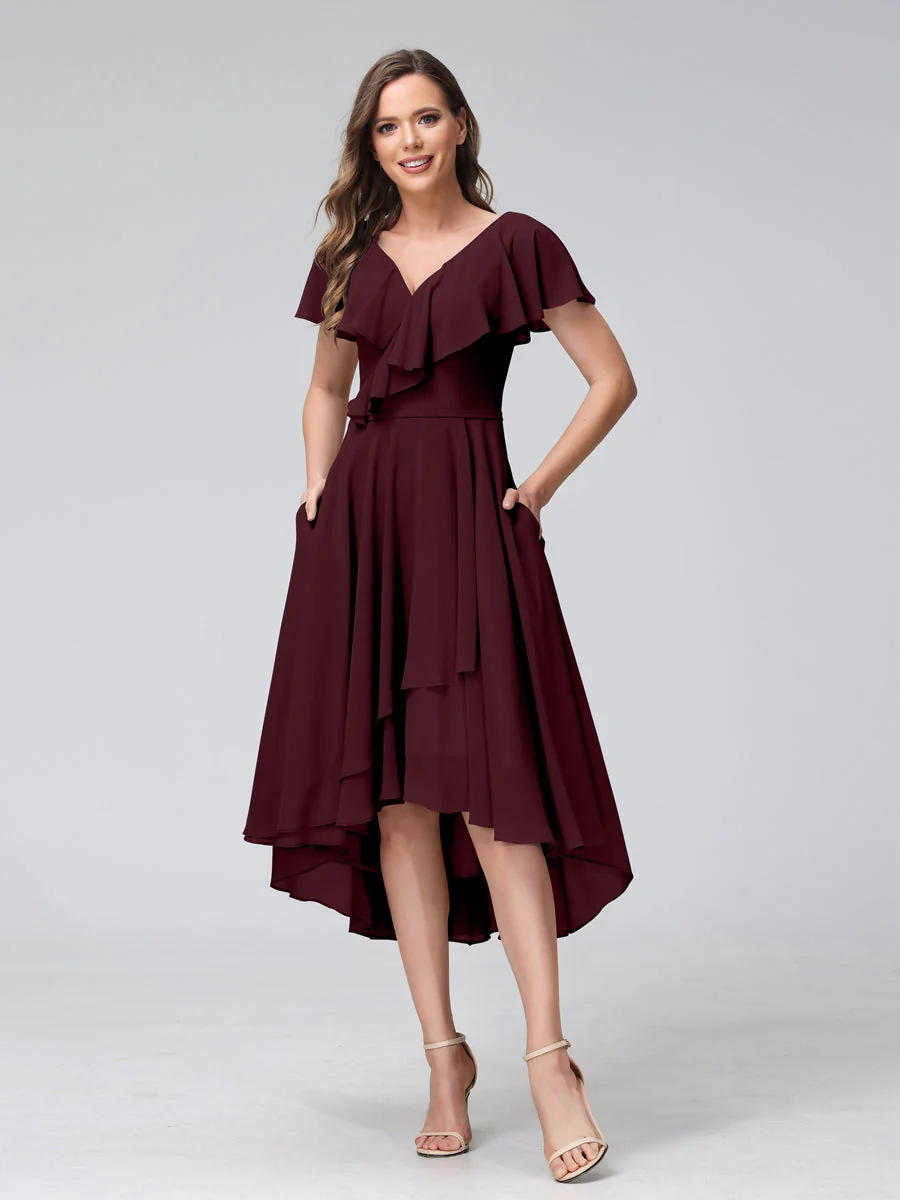 A-Line V-Neck Short Sleeves Asymmetrical Chiffon Bridesmaid Dresses With Pockets - Image 12