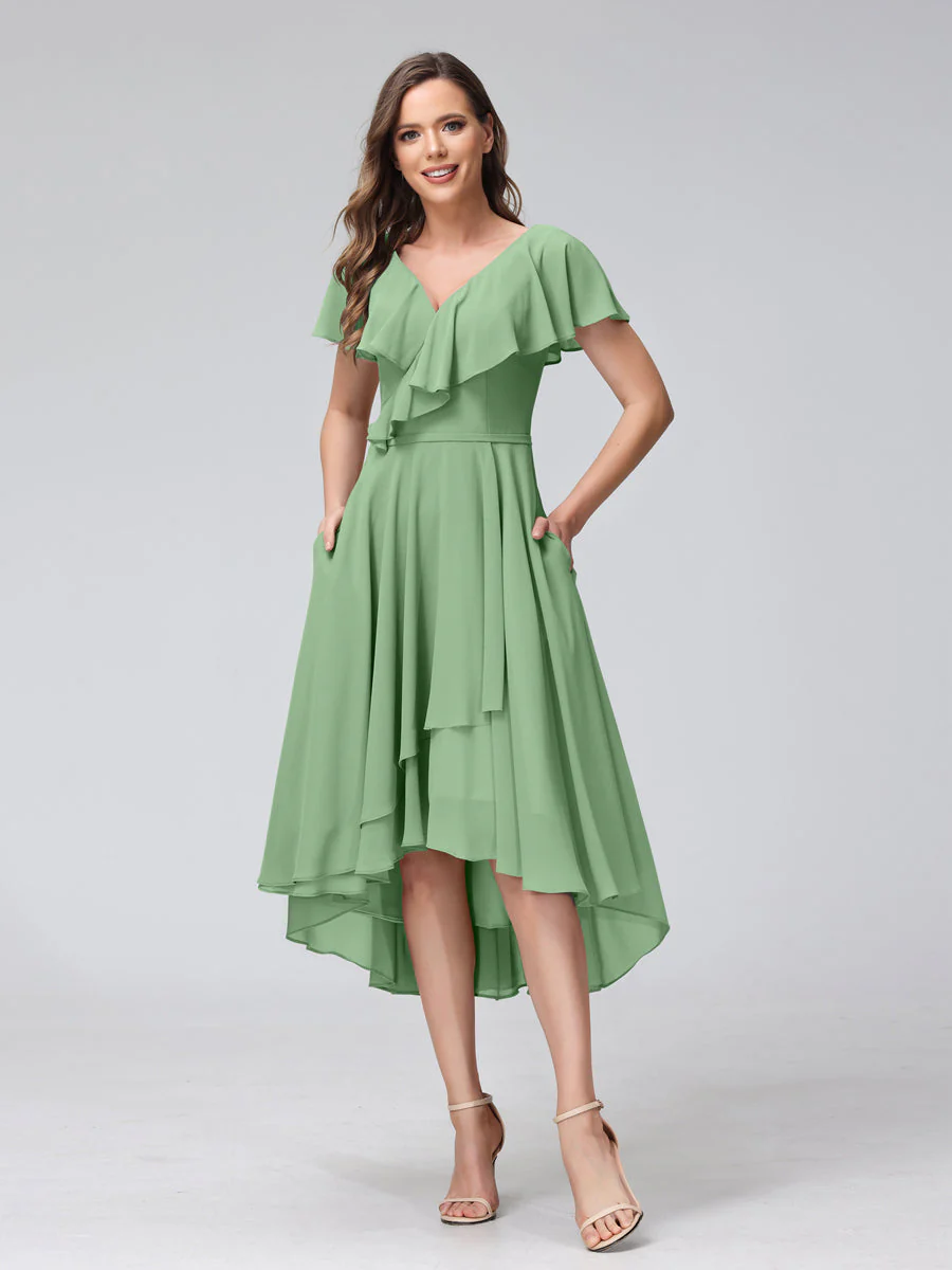 A-Line V-Neck Short Sleeves Asymmetrical Chiffon Bridesmaid Dresses With Pockets - Image 16