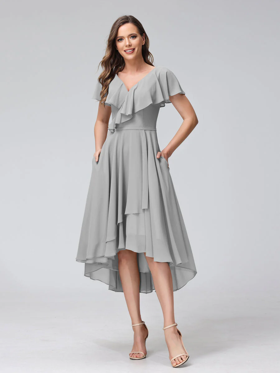 A-Line V-Neck Short Sleeves Asymmetrical Chiffon Bridesmaid Dresses With Pockets - Image 22
