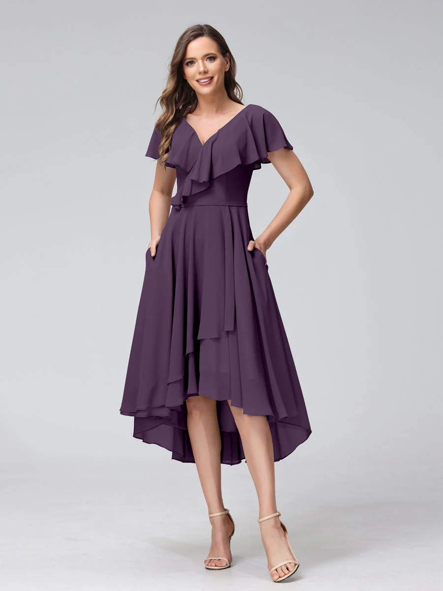 A-Line V-Neck Short Sleeves Asymmetrical Chiffon Bridesmaid Dresses With Pockets - Image 46