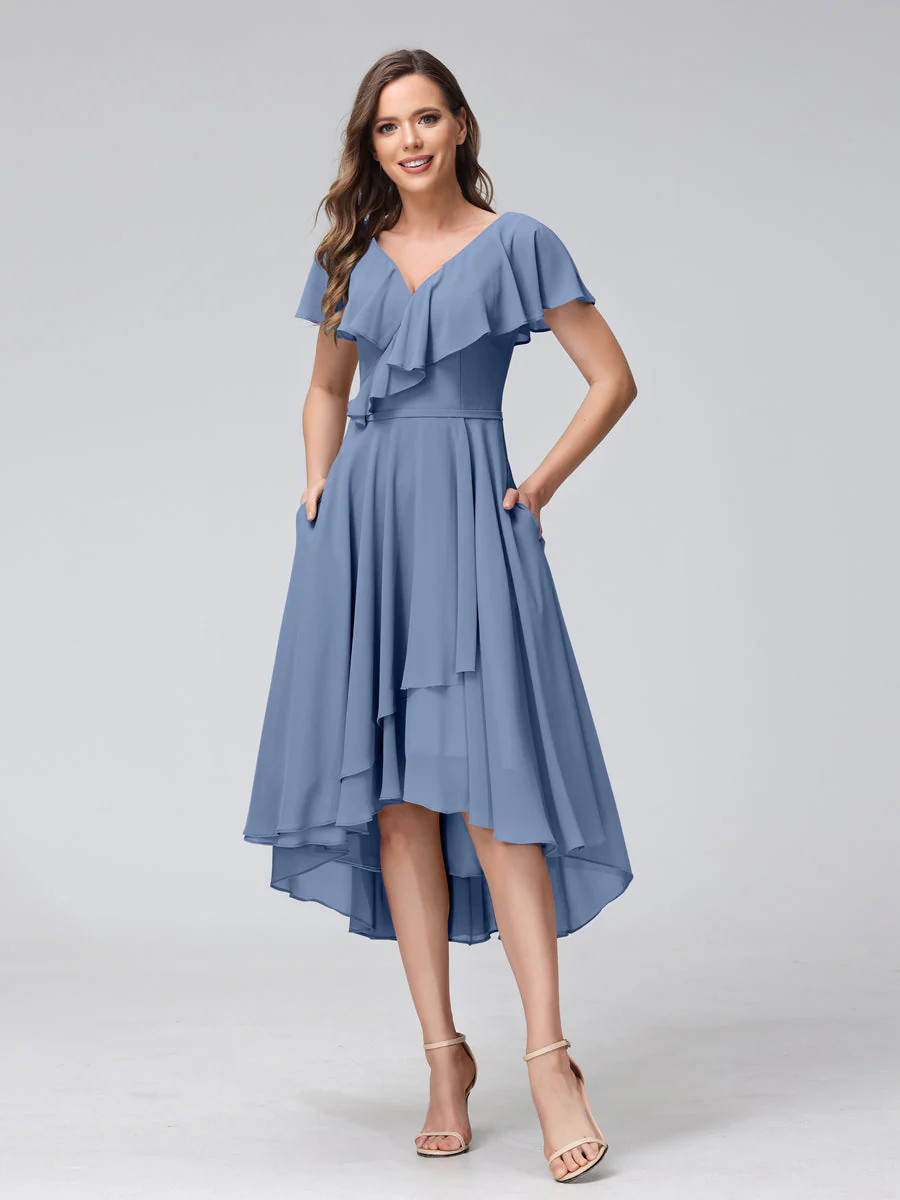 A-Line V-Neck Short Sleeves Asymmetrical Chiffon Bridesmaid Dresses With Pockets - Image 51