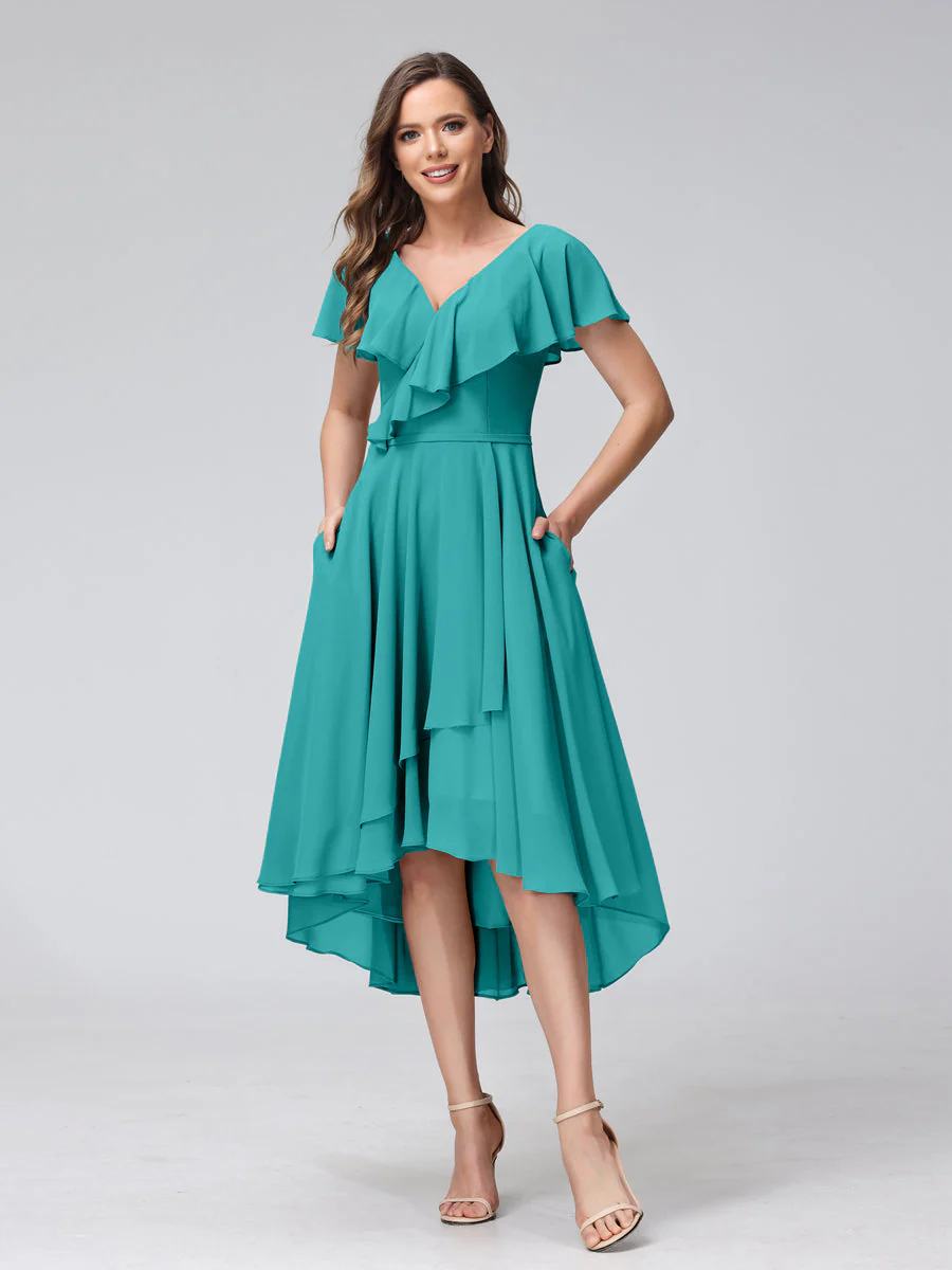 A-Line V-Neck Short Sleeves Asymmetrical Chiffon Bridesmaid Dresses With Pockets - Image 52