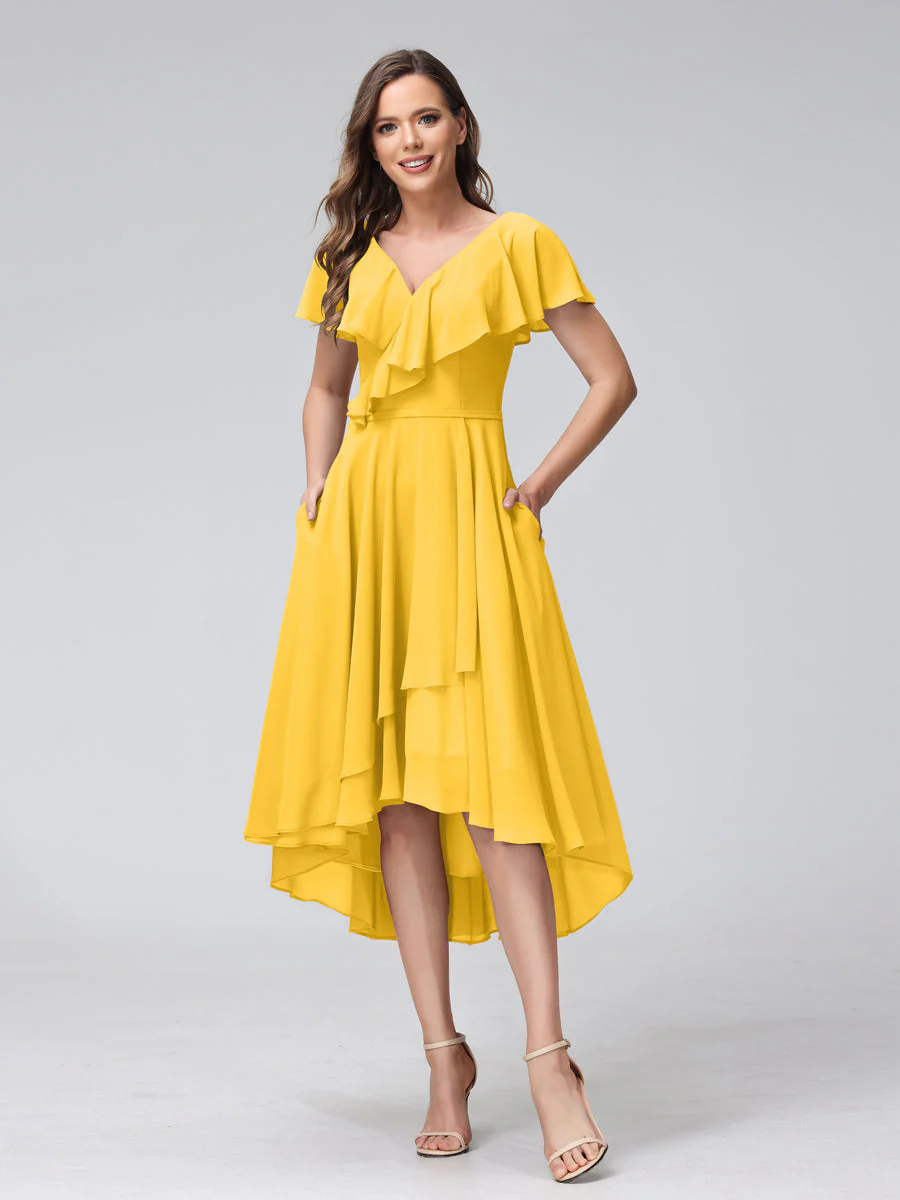 A-Line V-Neck Short Sleeves Asymmetrical Chiffon Bridesmaid Dresses With Pockets - Image 71