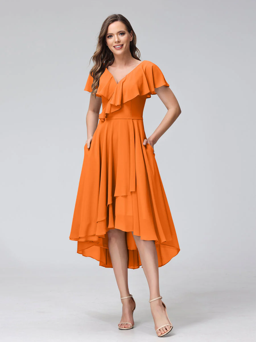A-Line V-Neck Short Sleeves Asymmetrical Chiffon Bridesmaid Dresses With Pockets - Image 72