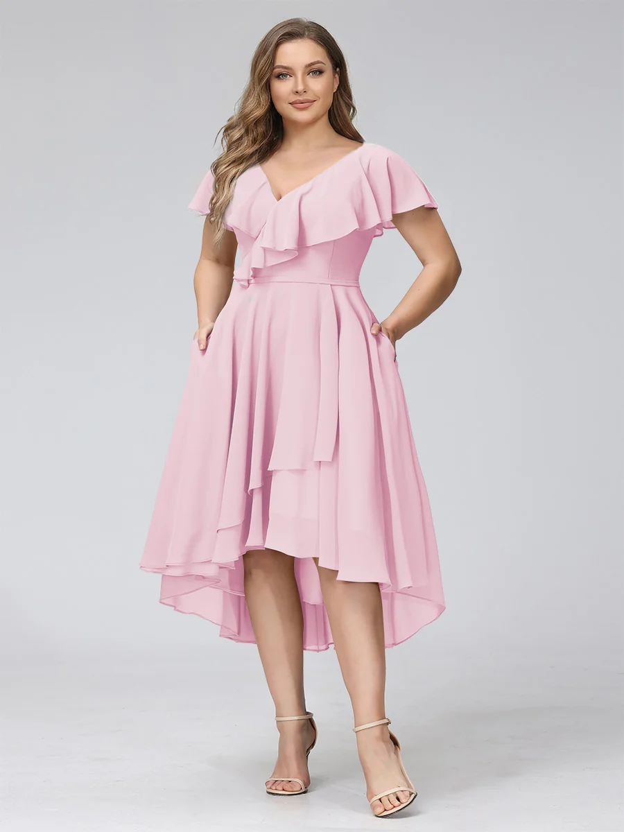 A-Line V-Neck Short Sleeves Asymmetrical Chiffon Plus Size Bridesmaid Dresses With Pockets - Image 28
