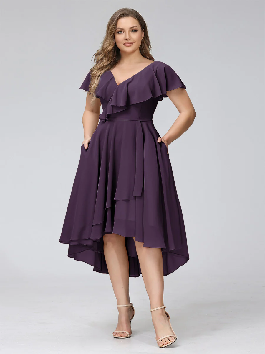A-Line V-Neck Short Sleeves Asymmetrical Chiffon Plus Size Bridesmaid Dresses With Pockets - Image 29
