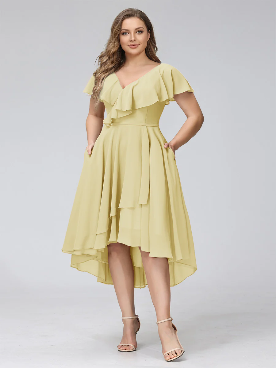 A-Line V-Neck Short Sleeves Asymmetrical Chiffon Plus Size Bridesmaid Dresses With Pockets - Image 40