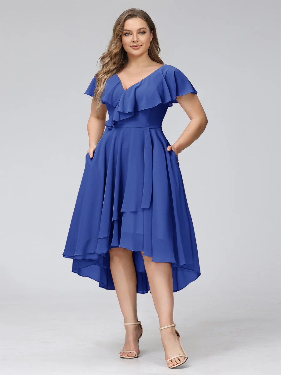 A-Line V-Neck Short Sleeves Asymmetrical Chiffon Plus Size Bridesmaid Dresses With Pockets - Image 54