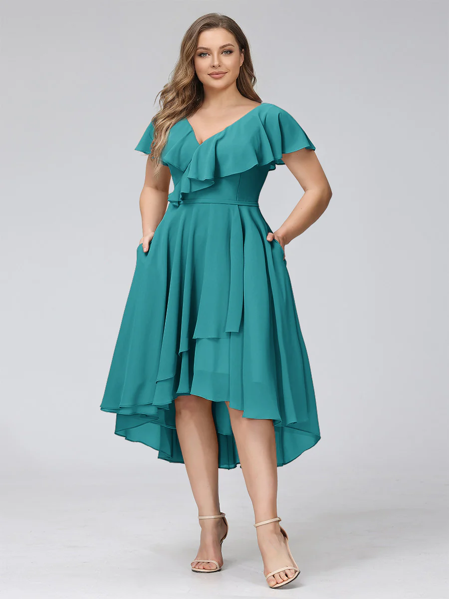 A-Line V-Neck Short Sleeves Asymmetrical Chiffon Plus Size Bridesmaid Dresses With Pockets - Image 72