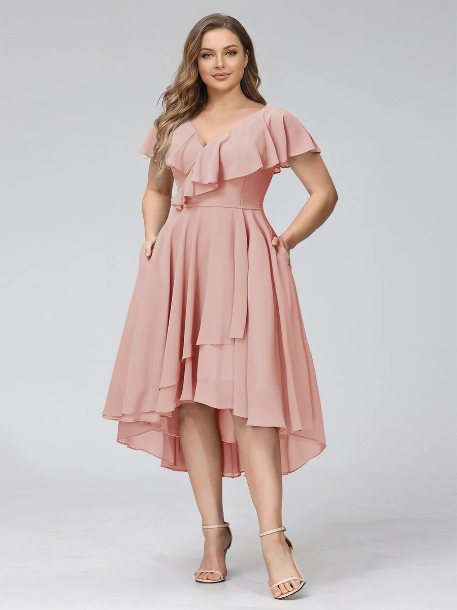 A-Line V-Neck Short Sleeves Asymmetrical Chiffon Plus Size Bridesmaid Dresses With Pockets - Image 9