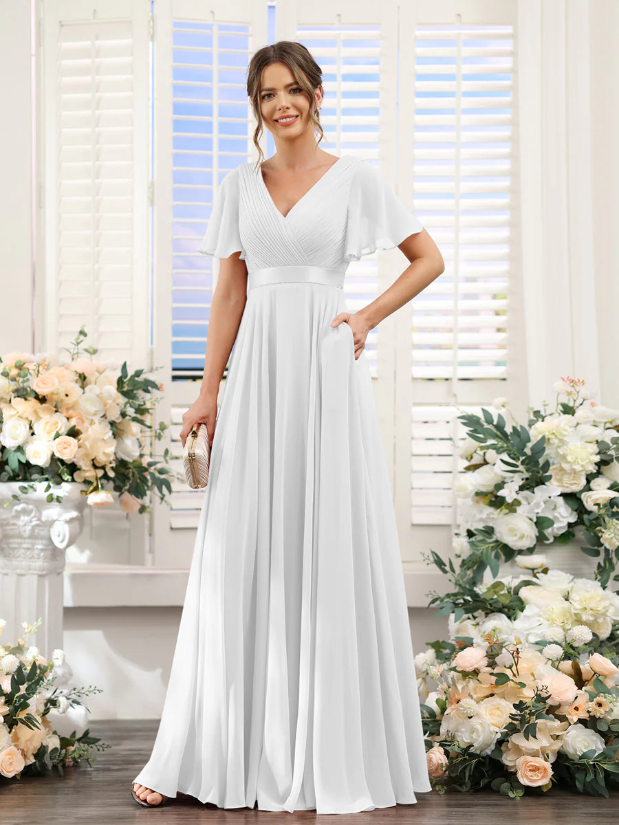 A-Line V-Neck Short Sleeves Chiffon Bridesmaid Dresses with Pockets - Image 20