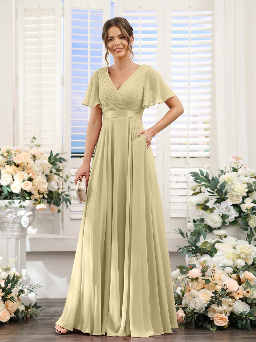 A-Line V-Neck Short Sleeves Chiffon Bridesmaid Dresses with Pockets - Image 24