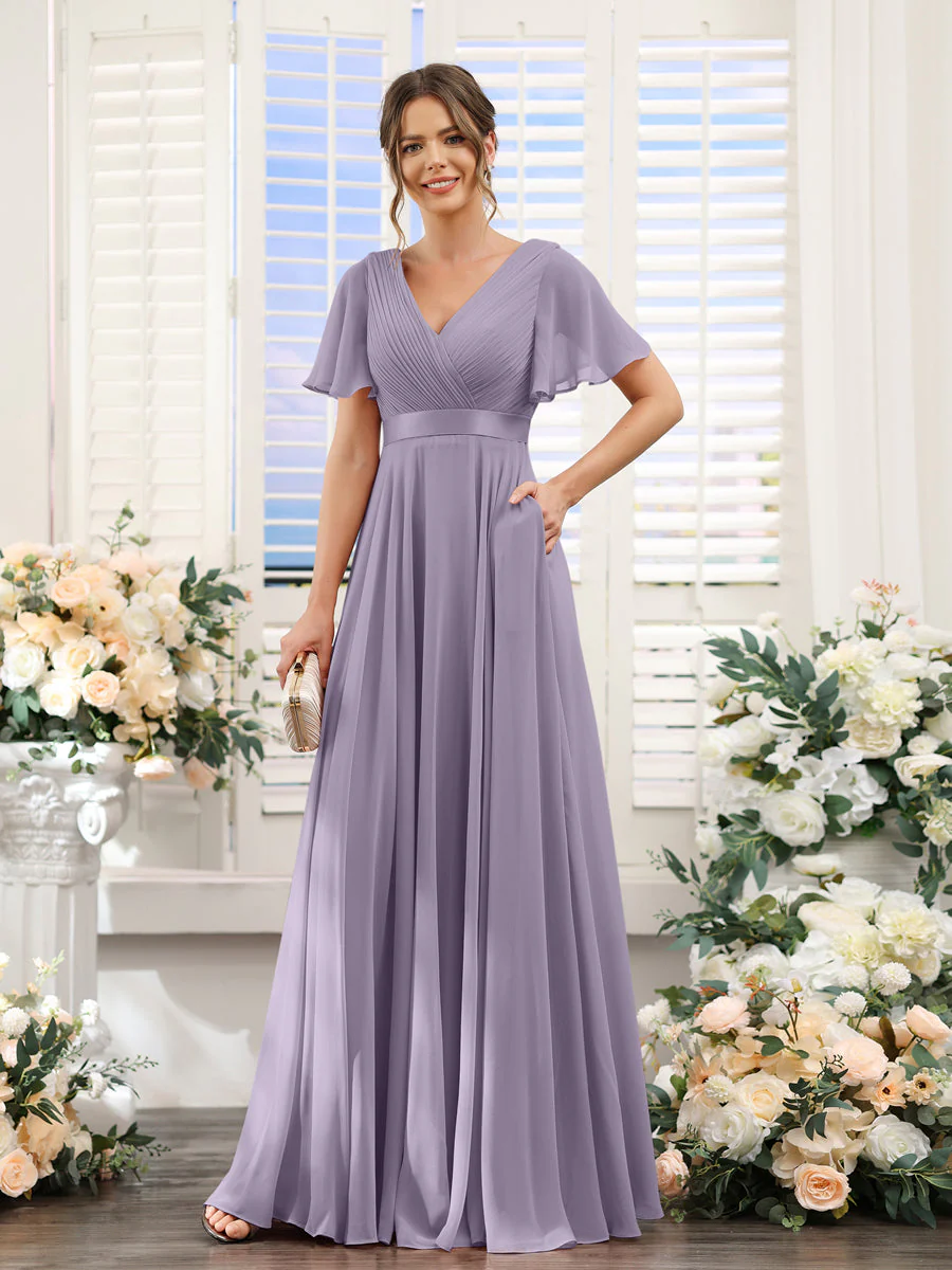 A-Line V-Neck Short Sleeves Chiffon Bridesmaid Dresses with Pockets - Image 39