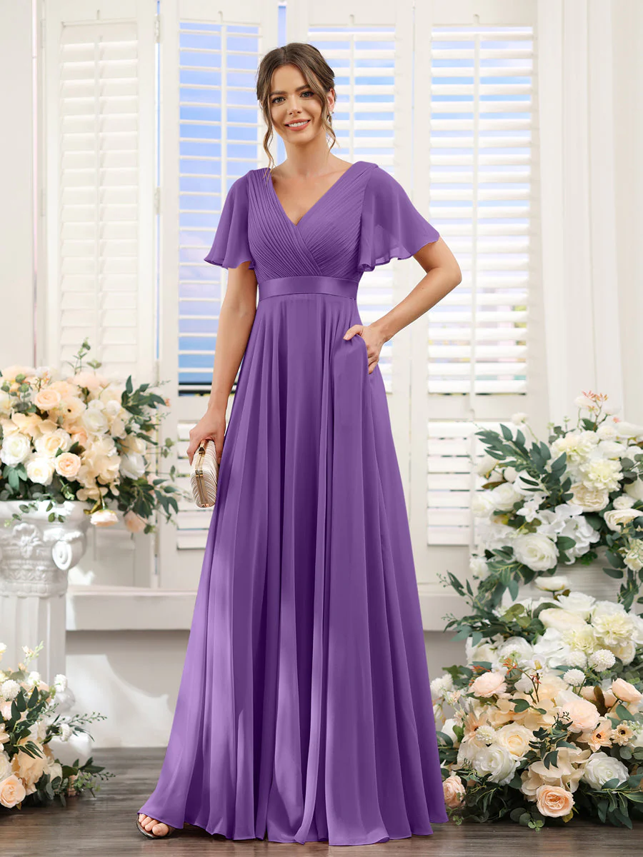 A-Line V-Neck Short Sleeves Chiffon Bridesmaid Dresses with Pockets - Image 42
