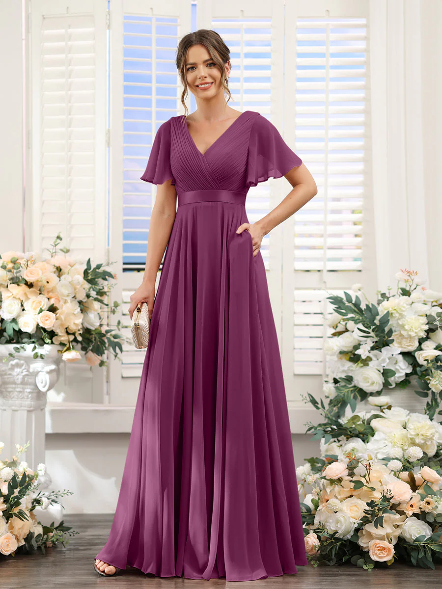 A-Line V-Neck Short Sleeves Chiffon Bridesmaid Dresses with Pockets - Image 44