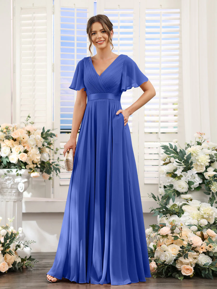 A-Line V-Neck Short Sleeves Chiffon Bridesmaid Dresses with Pockets - Image 54