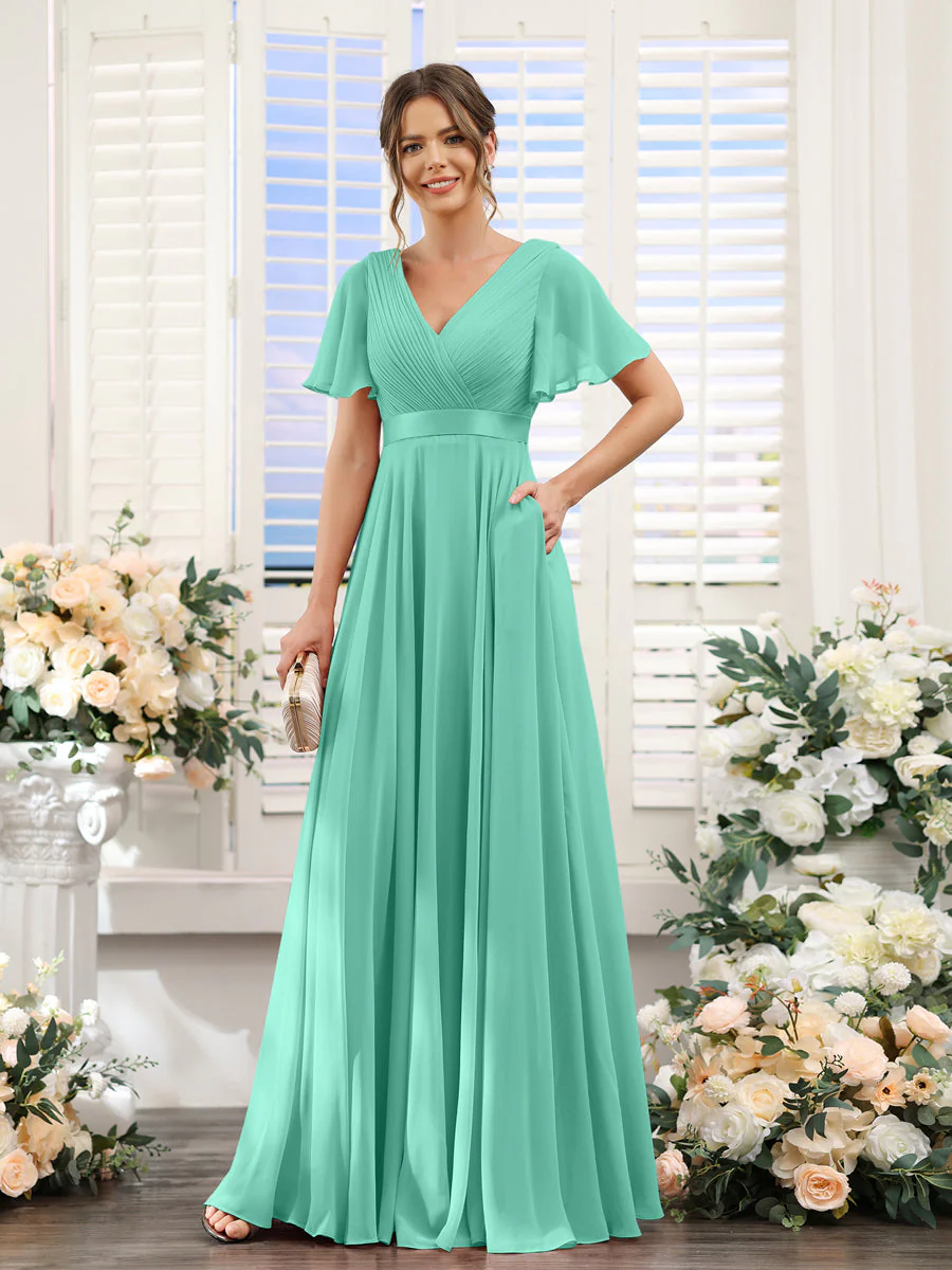 A-Line V-Neck Short Sleeves Chiffon Bridesmaid Dresses with Pockets - Image 62