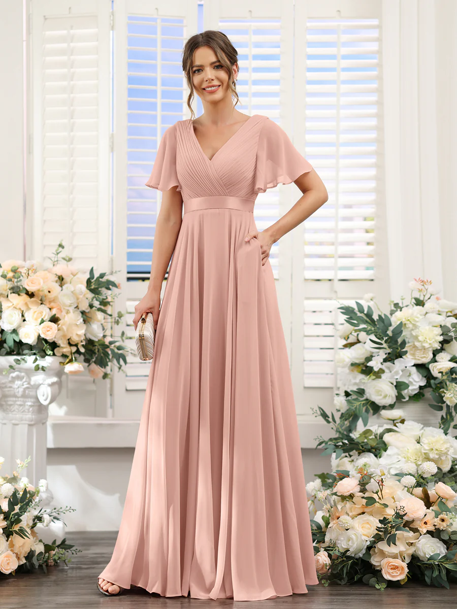 A-Line V-Neck Short Sleeves Chiffon Bridesmaid Dresses with Pockets - Image 7