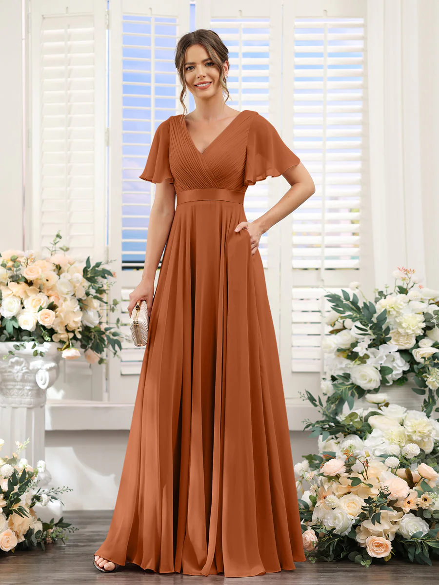 A-Line V-Neck Short Sleeves Chiffon Bridesmaid Dresses with Pockets - Image 9