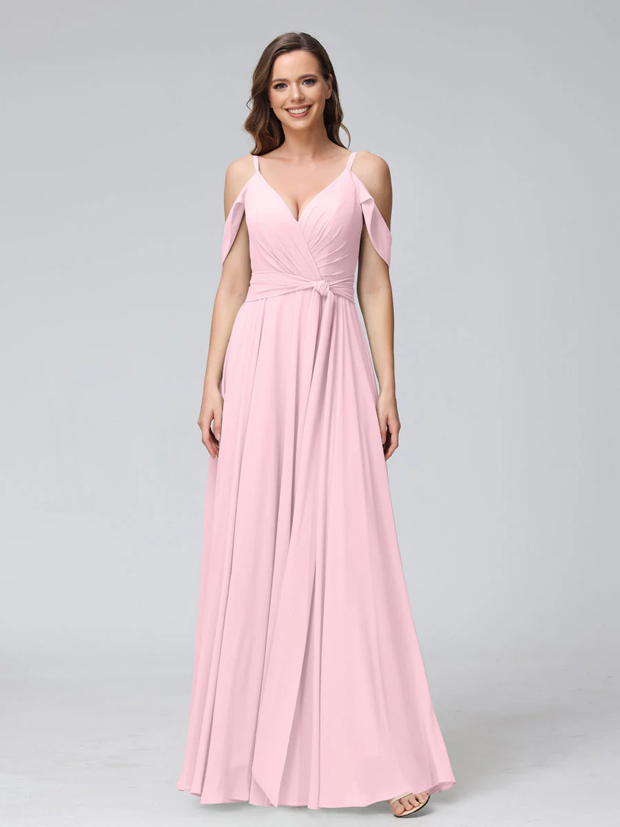 A-Line V-Neck Short Sleeves Chiffon Bridesmaid Dresses with Spaghetti Straps & Split Side - Image 24
