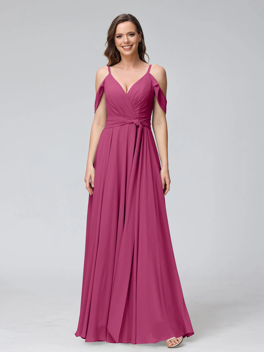 A-Line V-Neck Short Sleeves Chiffon Bridesmaid Dresses with Spaghetti Straps & Split Side - Image 34