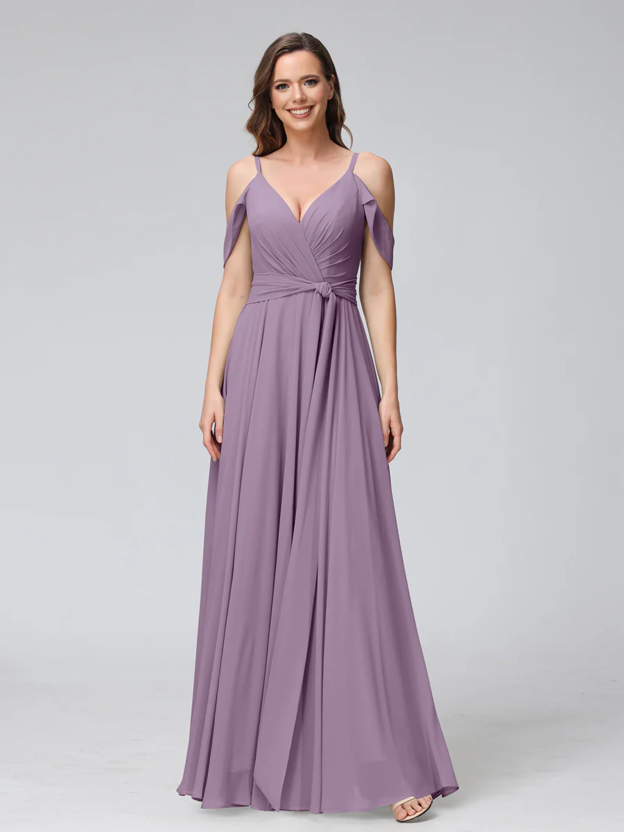 A-Line V-Neck Short Sleeves Chiffon Bridesmaid Dresses with Spaghetti Straps & Split Side - Image 39