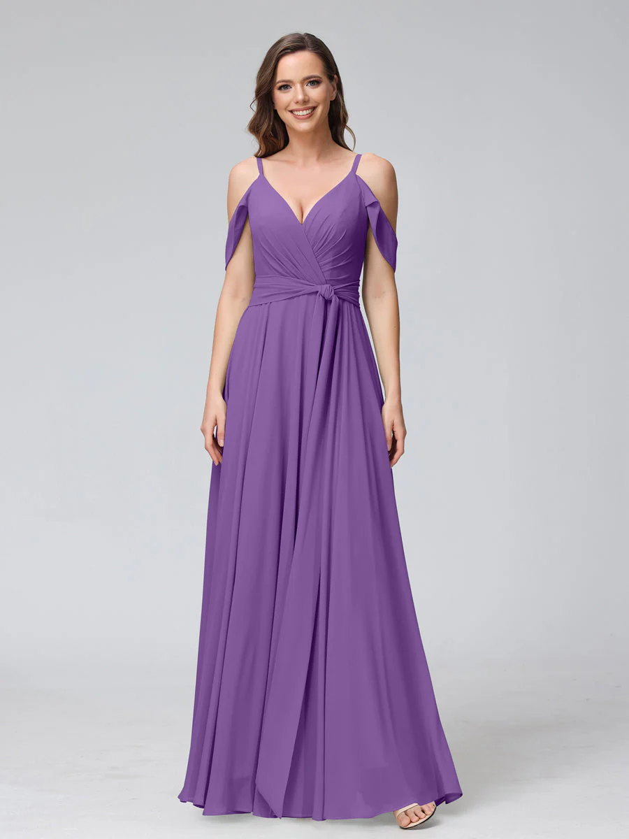 A-Line V-Neck Short Sleeves Chiffon Bridesmaid Dresses with Spaghetti Straps & Split Side - Image 41