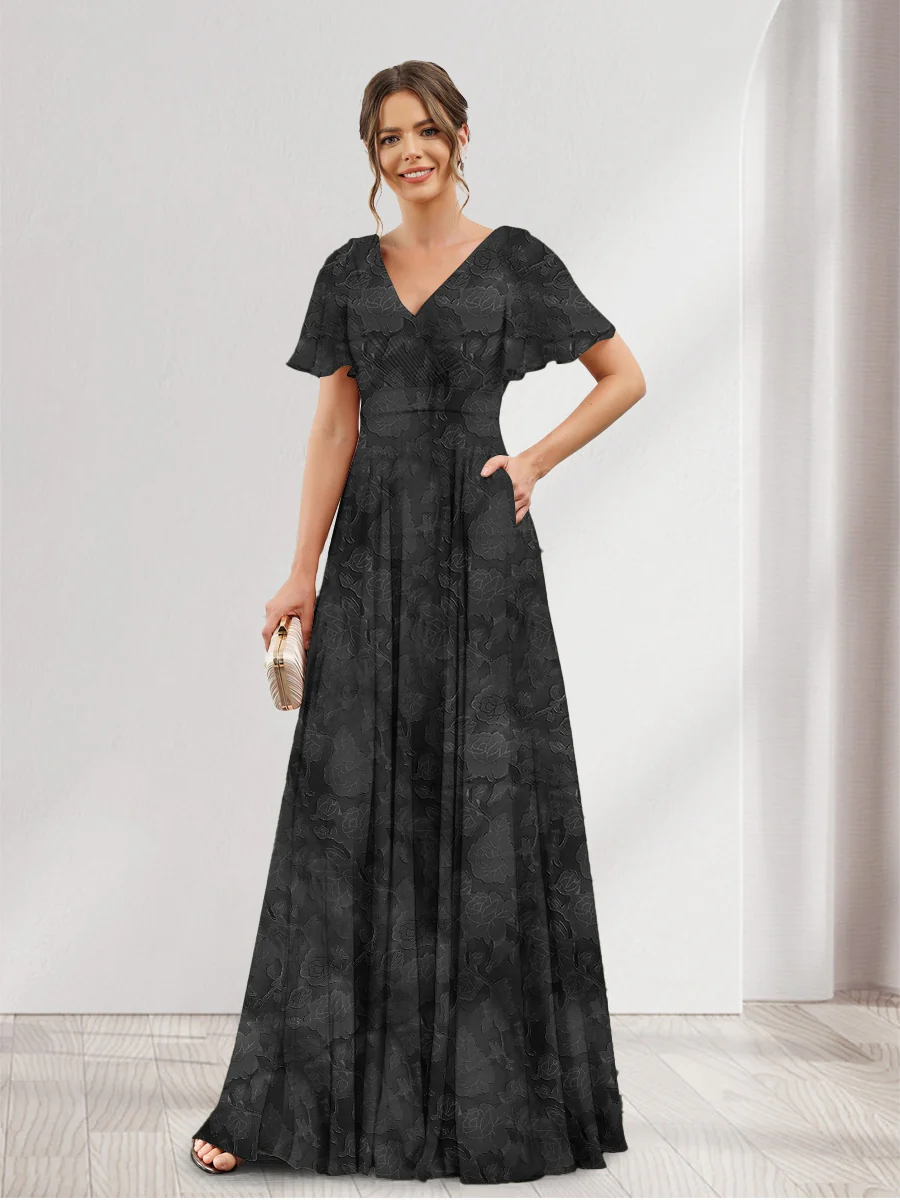 A-Line V-Neck Short Sleeves Floral Bridesmaid Dresses with Pockets - Image 11
