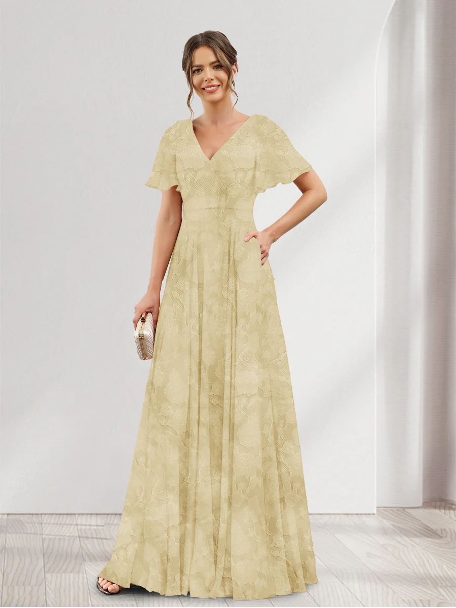 A-Line V-Neck Short Sleeves Floral Bridesmaid Dresses with Pockets - Image 12