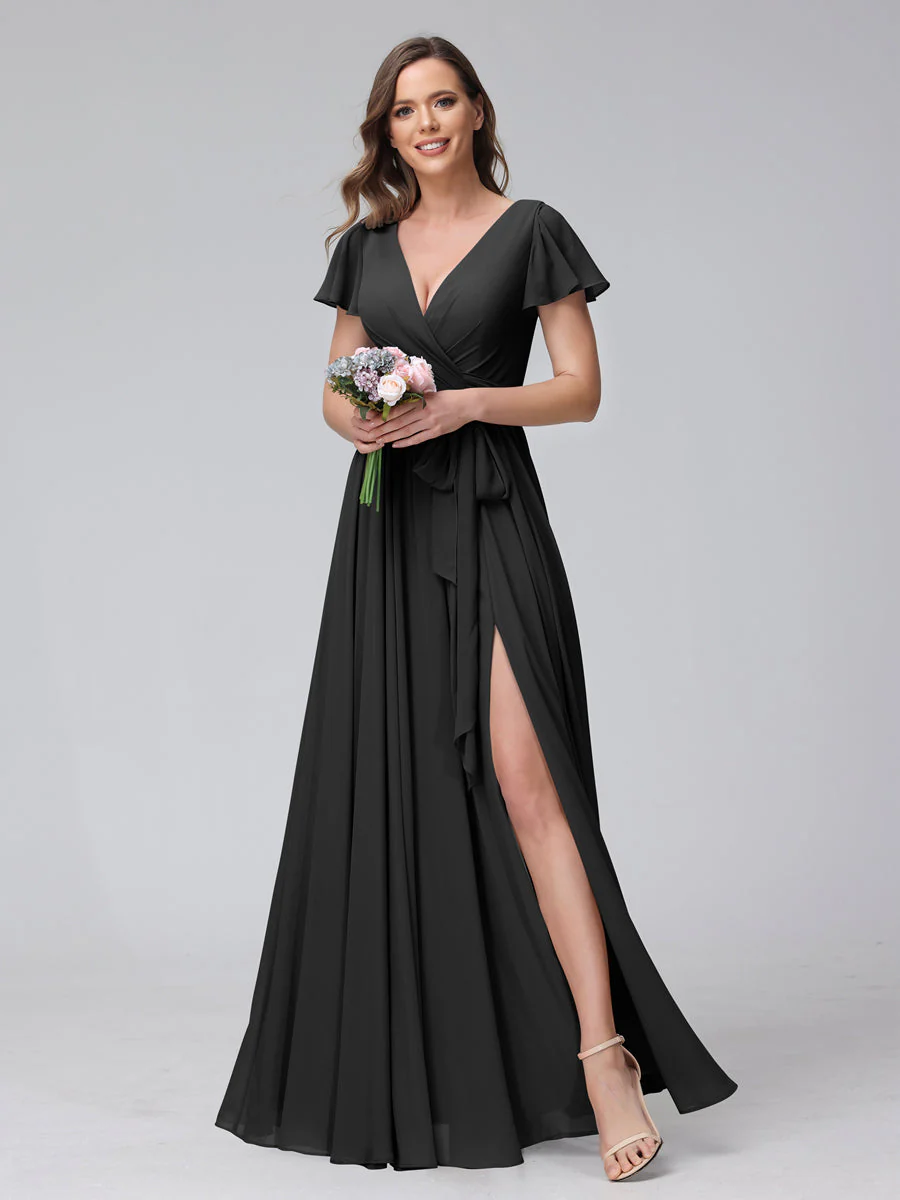 A-Line V-Neck Short Sleeves Long Chiffon Bridesmaid Dresses With Split Side - Image 18