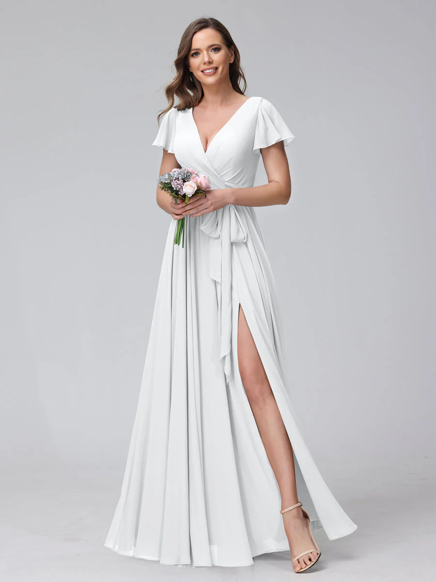 A-Line V-Neck Short Sleeves Long Chiffon Bridesmaid Dresses With Split Side - Image 19