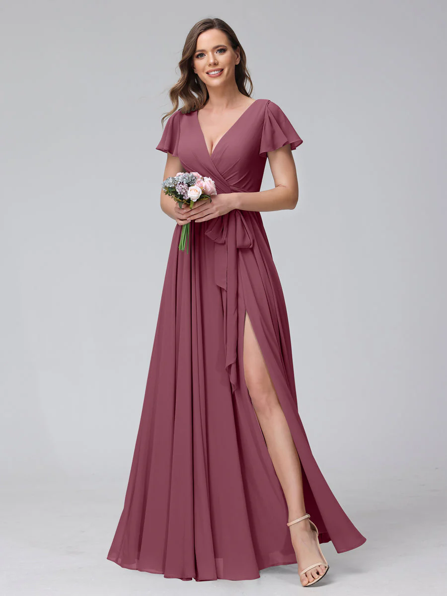 A-Line V-Neck Short Sleeves Long Chiffon Bridesmaid Dresses With Split Side - Image 43