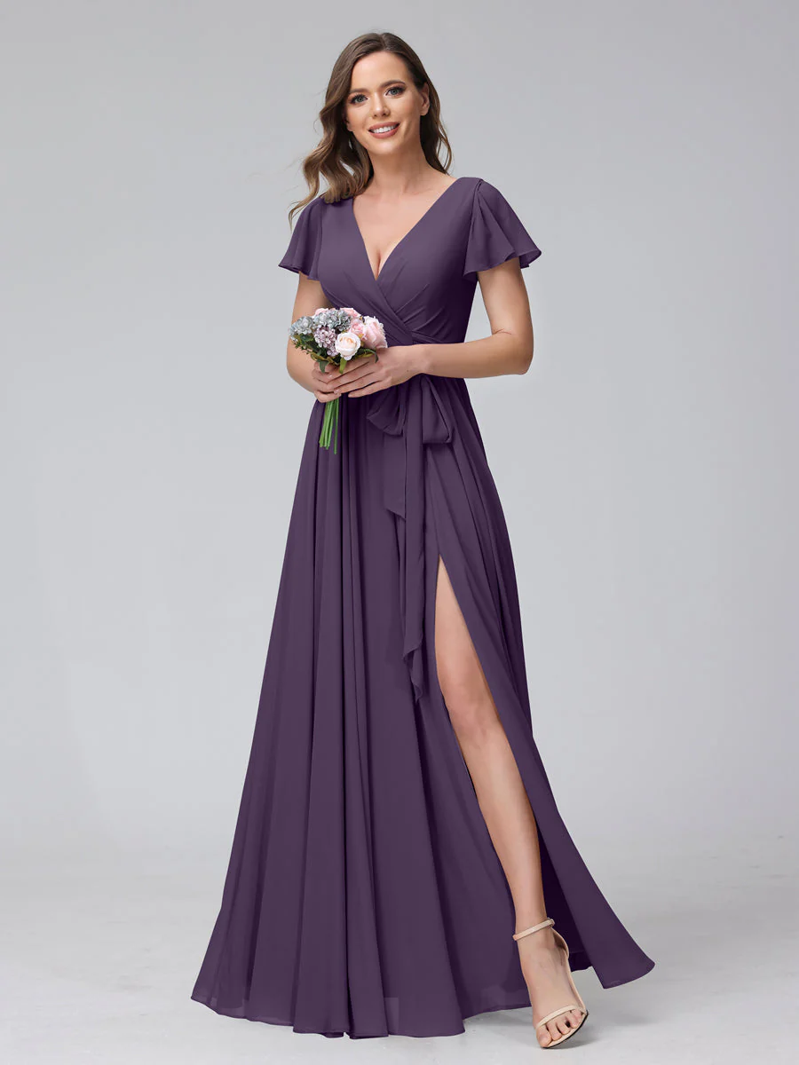 A-Line V-Neck Short Sleeves Long Chiffon Bridesmaid Dresses With Split Side - Image 45